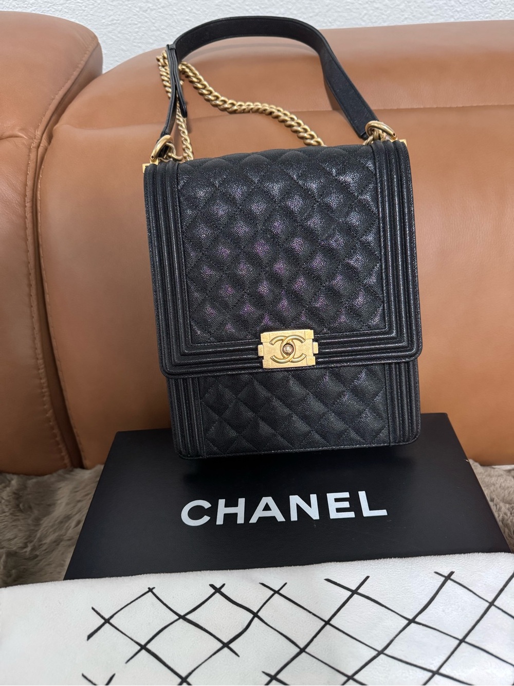 CHANEL Black Quilted Caviar North South Shoulder Bag with Gold Hardware